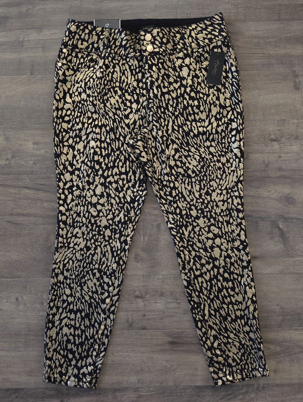 Thalia Sodi Leopard Foil Print Skinny Ankle Jeans 14 Women's NWT Black Gold